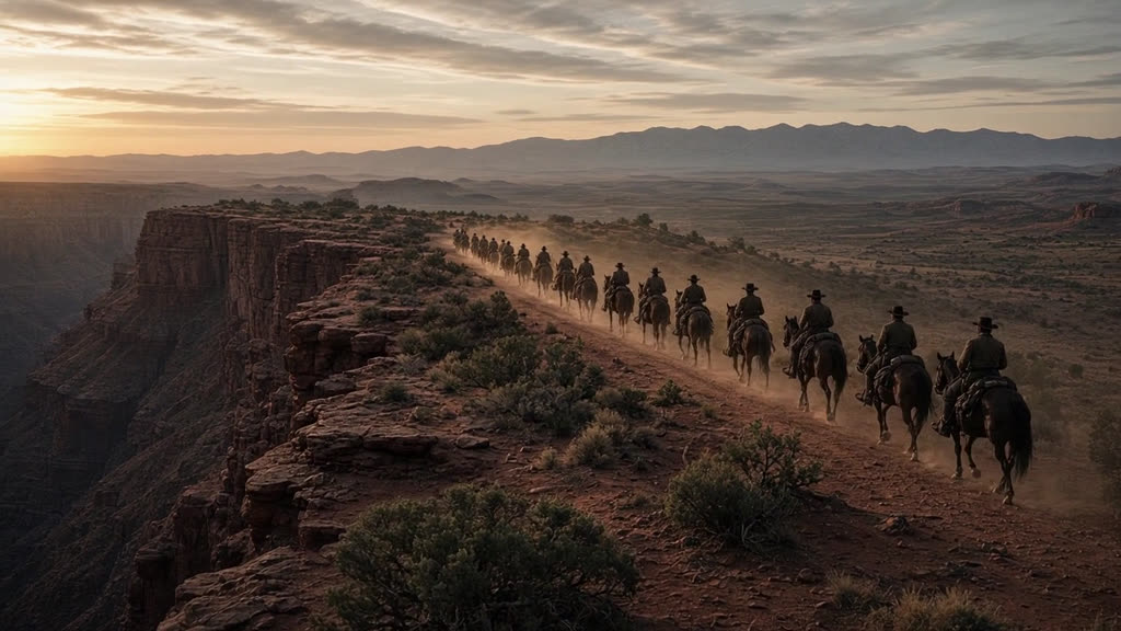 Cavalry on a mesa, wagons fording a river, an adobe fort, winter prairie and a stagecoach among red buttes